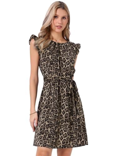 Image of Allegra K Leopard Ruffled Sleeve Dress for Women's Round Neck Flowy Belted A-Line Dress Brown M