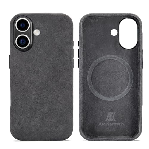 Image of AKANTRA Alcantara Case for Apple iPhone 16, Handmade Fully Wrapped Synthetic Suede Leather Cover, Compatible with Magsafe Wireless Charging (Black, for iPhone 16)