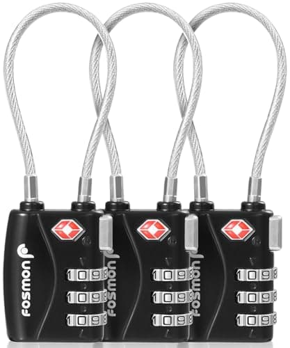 Image of Fosmon TSA 3 Digit Combination Cable Padlock: Suitcase, Travel Backpack, Locker - Secure All Luggage, Bike, Gate, Shed - Black - Pack of 3