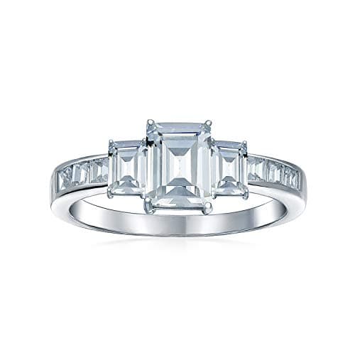 Image of Personalize Art Deco Style 2CT AAA CT Rectangle Three Stone Past Present Future Emerald Cut Promise Engagement Ring For Women .925 Sterling Silver Baguette Side Stone Band Customizable