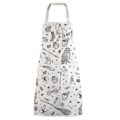 Image of WZMPA Magic Wizard Kitchen Apron With Pockets Spooky Witch Gift Gothic Magic Adjustable Apron For Cooking Baking Grilling, Magic Wizard White