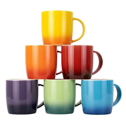 Image of simpa Multi-Coloured Rainbow Stoneware Mugs – Set of 6 Gradient Colour Coffee & Tea Cups – 350ml
