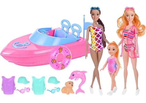Image of Fashion 11.5 inch Dolls and Boat Playset - Swimming Pool Toys with Swimwear, Life Vests, Accessories, 5.5 Inch Doll, Pet Puppy and Dolphin Acccessories - Summer Beach Adventure Gift Set for Girls