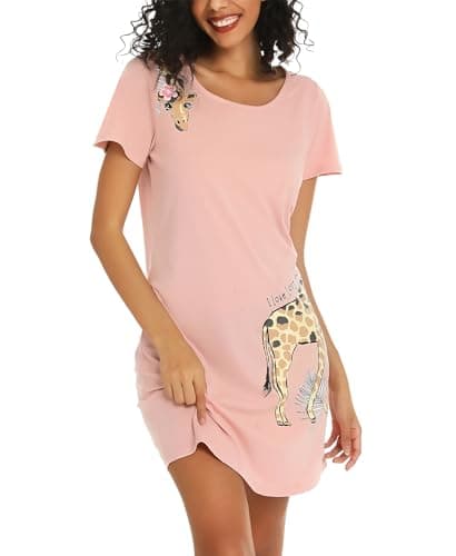 Image of ENJOYNIGHT Nighties for Women Cotton Nightdress Sleep Tee Short Sleeves Print Nightshirt Soft Sleepwear Loungewear (Large,Pink Giraffe)