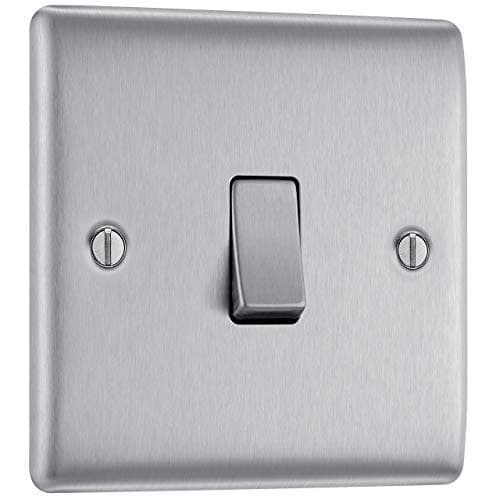 Image of BG Electrical Single Intermediate Wall Light Switch, Raised and Slim Profile, Round Edges, Nexus Metal, Brushed Steel, 20A, 16AX, NBS13