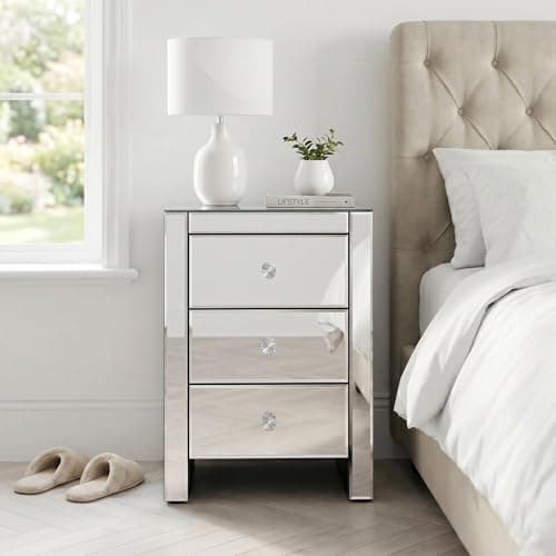 Image of The Furniture Market 2x Venetian Mirrored 3 Drawer Bedside Tables | Crystal Glass Handles | Bevelled Edges | Premium Quality | No Assembly Required | H 660mm x W 450mm x D 350mm