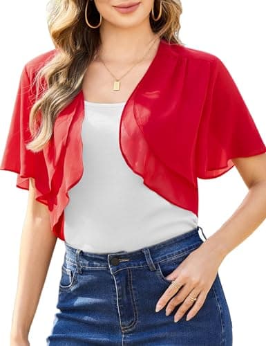 Image of Aottori Red Chiffon Bolero for Women Summer Shrugs Boleros Ladies Short Sleeve Open Front Sheer Shawl Tops Lightweight Cropped Cardigans Jackets UK Evening Wedding Red L