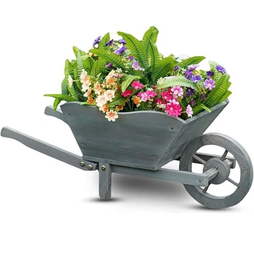 Image of rightclick Wooden Wheelbarrow Planter, Large Rustic Garden Planter for Plants, Patio, Garden Ornaments Outdoor Plant Pots, Flower & Vegetable Planters Outdoor (W69 x H28 x D32cm)