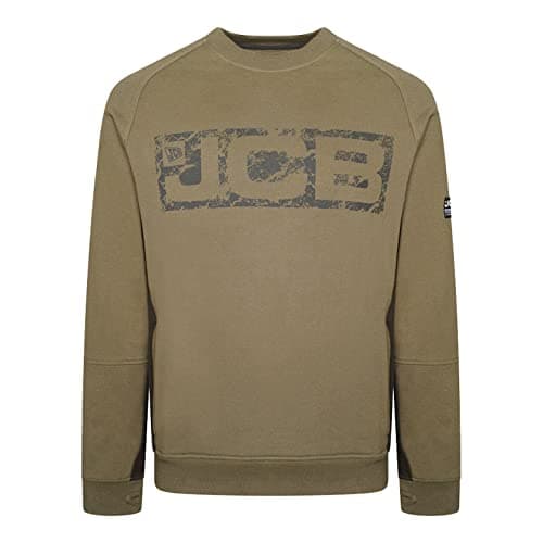Image of JCB - Trade Crew Sweatshirt, XX-Large - Made with 80% Cotton & 20% Polyester - Men's Jumpers Branding Details - Cordura Fabric Elbow Patches - Mens Clothes - 320gsm - Olive