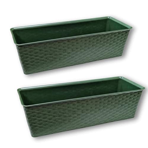 Image of ADEPTNA Set of 2 Rattan Window Box Planters 15.5cm – Green Plastic Outdoor Trough Flower Pots – Rectangular Balcony & Window Sill Garden Planters – Weather-Resistant Rattan Effect Plant Boxes