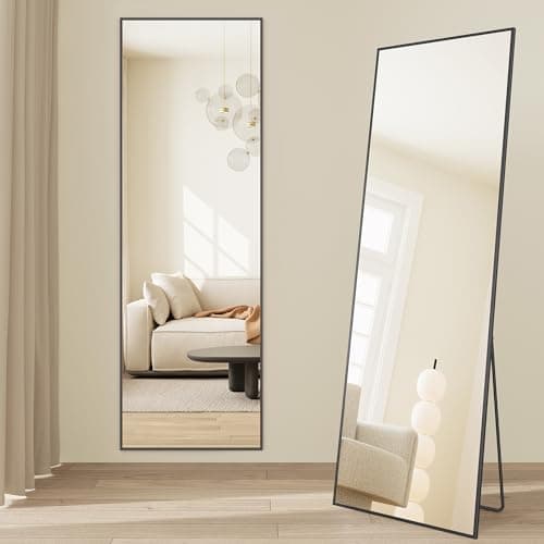 Image of SONGMICS Full Length Mirror, Rectangle Full Body Floor Mirror with Stand, Aluminium Alloy Frame, Tempered Glass, for Bedroom, Living Room, Cloakroom, Square Corner, 160 x 50 cm, Matte Black LFM050BD01