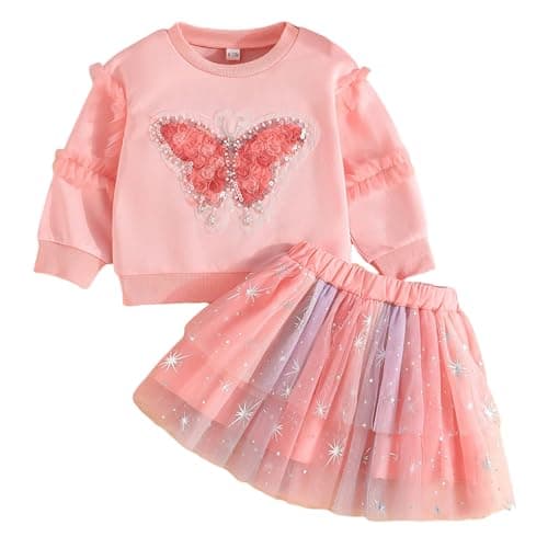Image of Kunyeah 2Pcs Baby Girls Sweatshirt Tutu Dress Toddler Butterfly Pullover Top with Tulle Skirt Cute Long Sleeve Clothes Outfit