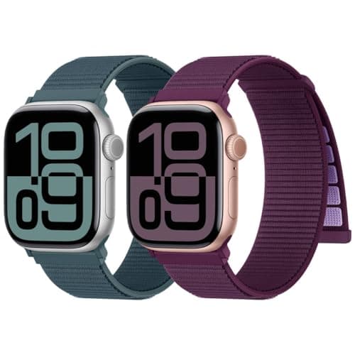 Image of Yoohoo 2 Pack Nylon Sport Loop for Apple Watch Straps 38mm 40mm 41mm 42mm 44mm 45mm 46mm 49mm Women Men - Soft and Comfortable Watch Strap for iWatch 11 10 9 8 7 6 5 4 3 2 1 SE Ultra,Plum/Lake Green
