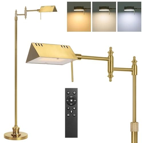 Image of Dimmable Pharmacy Floor Lamp with Remote, 17W Gold LED Reading Floor Lamp with 360°Swing Arm, 3 Color Temperature, Height Adjustable Standing Task Lamp for Living Room, Bedroom, Office, Antique Brass