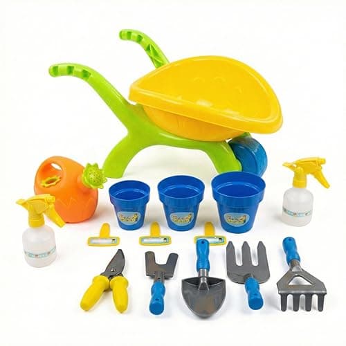 Image of The Magic Toy Shop 14 Piece Kids Garden Tool Set with Wheelbarrow - Children's Gardening Toys with Watering Can, Spade, Pots & Spray Bottle - Toddler Outdoor Beach & Sandpit Play Kit