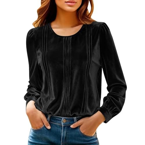 Image of duxyoz Velvet Tops for Women Long Sleeve Dressy Casual Blouse Elegant Crewneck Pleated Going Out Tops Ladies Party T Shirts Solid Color Holiday Tunic Shirt Loose Fit Blouse Black XL