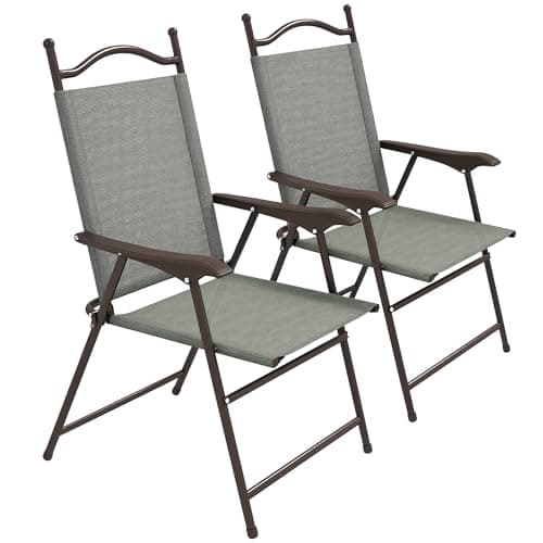 Image of Outsunny Folding Chairs Set of 2, Garden Chair with Armrest, Breathable Mesh Fabric Seat, Camping Sports Chairs for Adults, Dark Grey