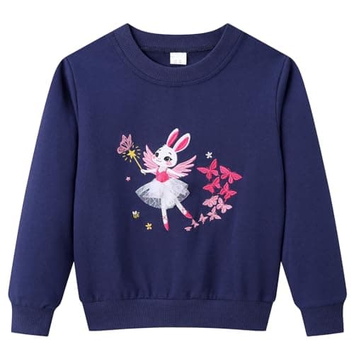 Image of Dinopjs Girls Sweatshirt, Kids Jumper, Cute Angel Rabbit Sweater, Butterfly Flower Toddler Clothes, Cotton Long Sleeve Tops, Casual Pullover Warm Shirts Easter Bunny Xmas for Age 5-6 Years, Navy Blue