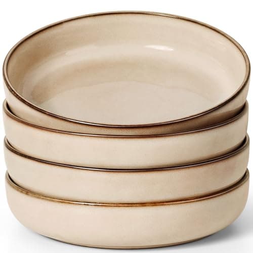 Image of Herogo Pasta Plates and Bowls 4-Piece Set, 37 oz Stoneware Large Wide Shallow Bowls for Salad, Soup and Cereal, Microwave and Dishwasher Safe, Cream &