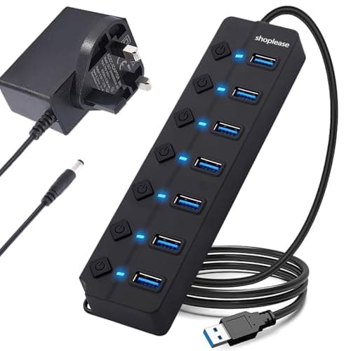 Image of 7-Port USB 3.0 Hub with 5V/2A Power Adapter, High-Speed Data Splitter with Individual Power Switches and Lights, Portable USB Extension Hub with 1.2m Cable for PC Laptop and Others