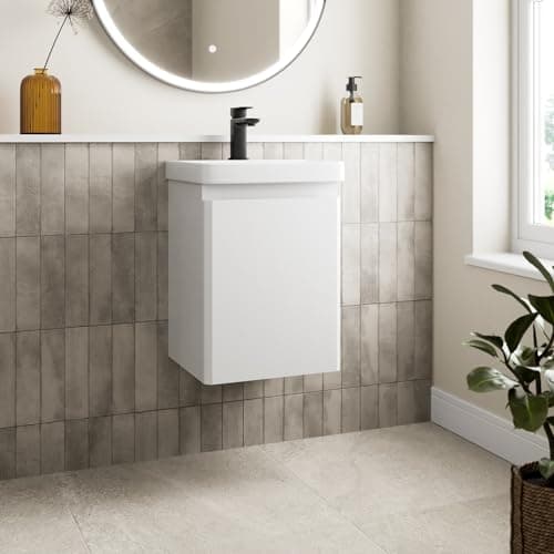 Image of Affine® 400mm Vanity Unit Wash Basin Sink Bathroom Wall Mounted Storage Cabinet Cupboard Cloakroom, Soft Close Door, White Gloss