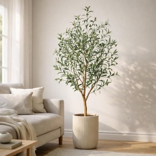 Image of 5FT Artificial Olive Tree, 160cm Tall Faux Olive Plant with Lifelike Fruits & Natural Wood Trunk, Adjustable Branches, Maintenance-Free Fake Tree in pot for Living Room, Home Office Indoor Decor