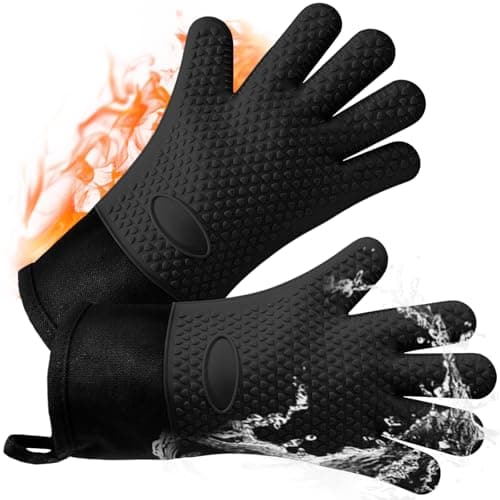Image of AMFUN 1 Pair Silicone Oven Gloves Heat Resistant 464°F, Extra Long Non-Slip Oven Mitts,Silicone BBQ Gloves with Fingers, Waterproof Kitchen Gloves for Barbecue Grilling Weber Pizza Microwave-Black