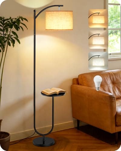 Image of GOEBLESON Floor Lamp with Storage Shelf, 3 Color Temperatures, Memory Function, Adjustable Head, with Natural Linen Shade, Foot Switch Control, for Living Room, Bedroom, Black and Beige ZBE22LDK05
