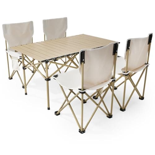 Image of The Fellie Foldable Camping Table and Chairs Set Portable Picnic Table with 4 Chairs 95cm Aluminium Rolling Tabletop Fold up Chair with Side Pocket Camping Set with Carry Bag Indoor Outdoor BBQ,Beige