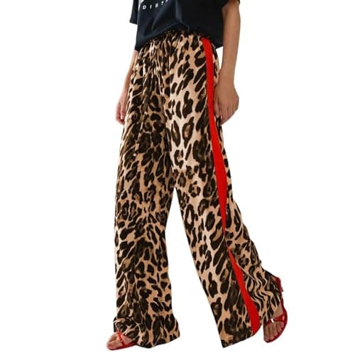 Image of Women's Leopard Print Wide Leg Trousers Elastic Waist Side Stripe Wide Straight Leg Casual Pants for Walking Hiking Yellow