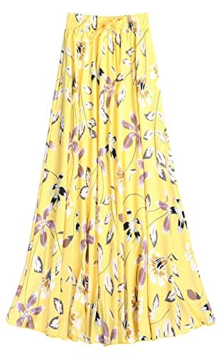 Image of Coolwife Womens High Waist Skirts Midi Swing Pockets Elastic Waist A Line Boho Floral Print Skirt (Lily Yellow)