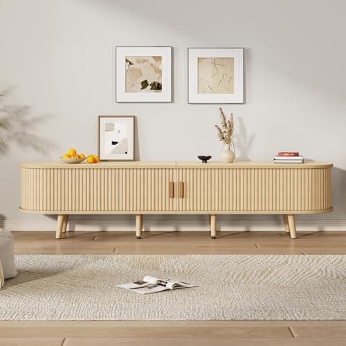 Image of BTM TV Stand for 70" TV - 2 Drawers 2 Sliding Doors 2-Tier Shelf Oval Cabinet with Rounded Corners, for livingroom bedroom, Wood Color