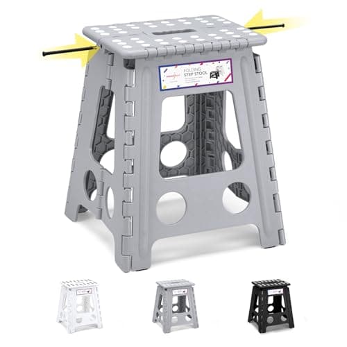 Image of HOUSE DAY 16 inch(40cm) Folding Step Stool - Large Size Kitchen Folding Step Stools for Adults Space Saving Folding Stool Durable Plastic Stools Heavy Duty Foldable Step Grey
