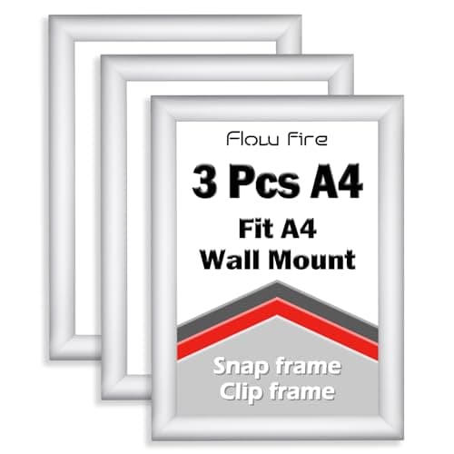 Image of Flow fire A4 Silver Snap Frame, Wall Mount A4 Size Clip Frames Pack of 3, 25mm Aluminium Front Opening Snap Frame for Poster Picture and Certificate