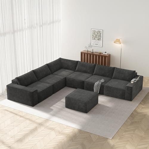 Image of Vesgantti Grey U Shaped Sectional sofa in 7 Seater, Modular Boneless Couch for Apartment, 6 Seater with Deep Seat & Ottoman Alternative, No Assembly Required, 6 seater+Ottoman