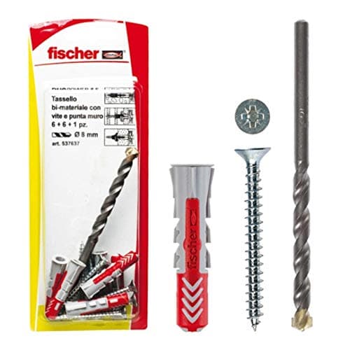 Image of Fischer 537637 Dowel with Screw and 1 Drill Bit DUOPOWER, Grey/Red, 8 x 40 mm, Set of 6 Pieces