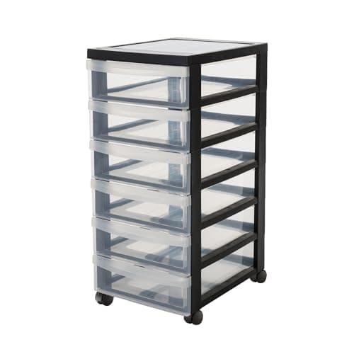 Image of Iris Ohyama, Plastic Drawers Storage Unit, Plastic Storage Drawers, A4 Format & 4 Wheels, H61.5cm/6 Drawers, BPA Free, Black, W40 x D29 x H61.5cm, DC-360