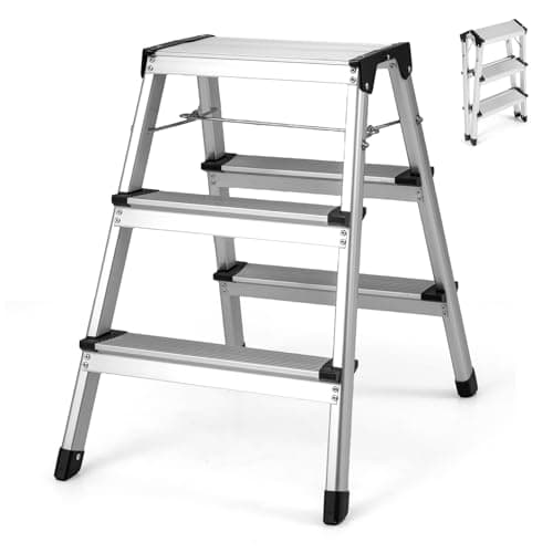 Image of COSTWAY Dual-Sided 3 Step Ladder, Aluminum Folding Step Stool with Wide Anti-Slip Pedals & Anti Slip Feet, Portable Household Ladder for Home Kitchen Garage Office, 150 kg Weight Capacity