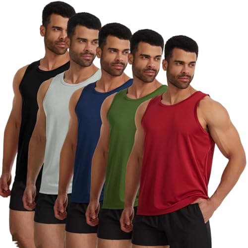Image of Mexholin 5 Pack Mens Vest Tops Slim Fit Summer Tank Tops Men Classic Sleeveless Undershirt Training Vests for Athletic Gym Workout Black/Grey/Navy/Green/Red XXL