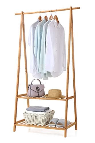 Image of Finnhomy Bamboo Clothes Rack Portable Extra Large Garment Rack 2-Tire Storage Box Shelves for Entryway and Bed Room