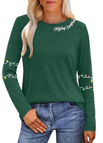 Image of hohololo Christmas Shirts for Women Merry Christmas Long Sleeve Shirt Christmas Light Graphic Tees Xmas Holiday Tops, Green, S