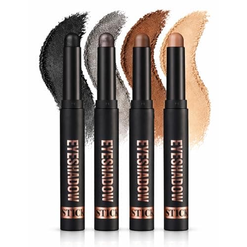 Image of 4 Colors Eyeshadow Stick Set – Shimmer Black, Silver Grey, Copper Brown & Matte Nude Beige, Creamy Retractable Eye Shadow Pencil, Waterproof Long Lasting Smokey Eye Makeup for Women