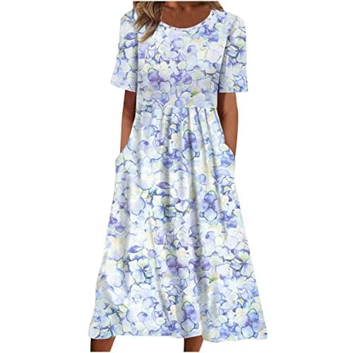 Image of Dresses for Women Summer Short Sleeve Maxi Dresses Loose Fit Round Neck Casual Dress Elegant Vintage Floral Print Long Dress with Pocket Boho Dress for Party Vacation Daily Wear