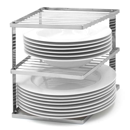 Image of joeji's Kitchen 3 Tier No-Wobble Plate Rack for Kitchen Cupboard Storage - Corner Plate Rack Cupboard Shelf Organiser 25x25x19cm - Silver