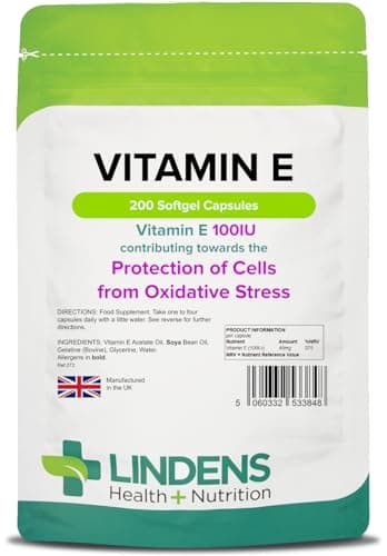 Image of Lindens Vitamin E Oil 100IU - 200 Capsules - UK Made - Skin - Powerful Antioxidant | Protection of Cells from Oxidative Stress | Vitamin E Capsules | Letterbox Friendly