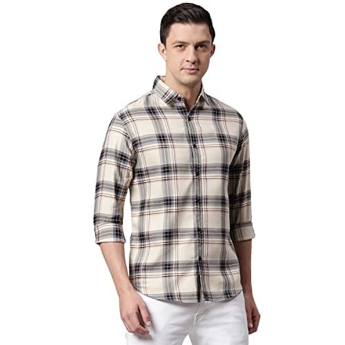 Image of Dennis Lingo Men's Casual Long Sleeve Plaid Cotton Shirt, cream, XL
