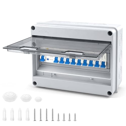 Image of 9 Way Consumer Unit Circuit Breaker, IP65 Weatherproof Garage Consumer Unit Anti-Leakage Fuse Box for Garage Workshop Caravan Outbuilding, 4 x 10 A + 3 x 16 A + 2 x 20A