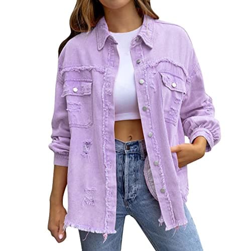 Image of Beige Denim Jacket for Women Oversized Frayed Hem Jean Jackets Long Sleeve Boyfriend Shacket with Pockets Casual Button Down Denim Coat Ladies Washed Shirt Ripped Trucker Jacket Outwear