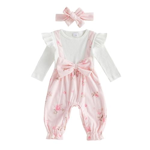 Image of Caziffer Newborn Girls Floral 2 Piece Rompers Baby Girl Long Sleeve Ribbed Cotton Jumpsuit Big Bow Corduroy Overalls with Headband Casual Outfit for Toddlers (Pink, 0-3 Months)