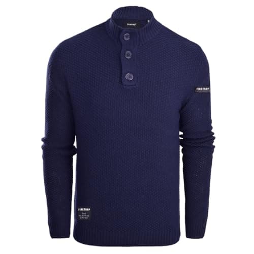 Image of Firetrap Mens 3 Button Funnel Neck Jumper Pullover Winter Sweaters Cotton Blend Jumpers Quarter Half Button Men Top Jumoers Designer Smart Top Knitted Knitwear Sweatshirt Jumpers for Men Navy S